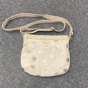 Fossil Polka Dot Crossbody Purse White Silver Canvas Soft Small